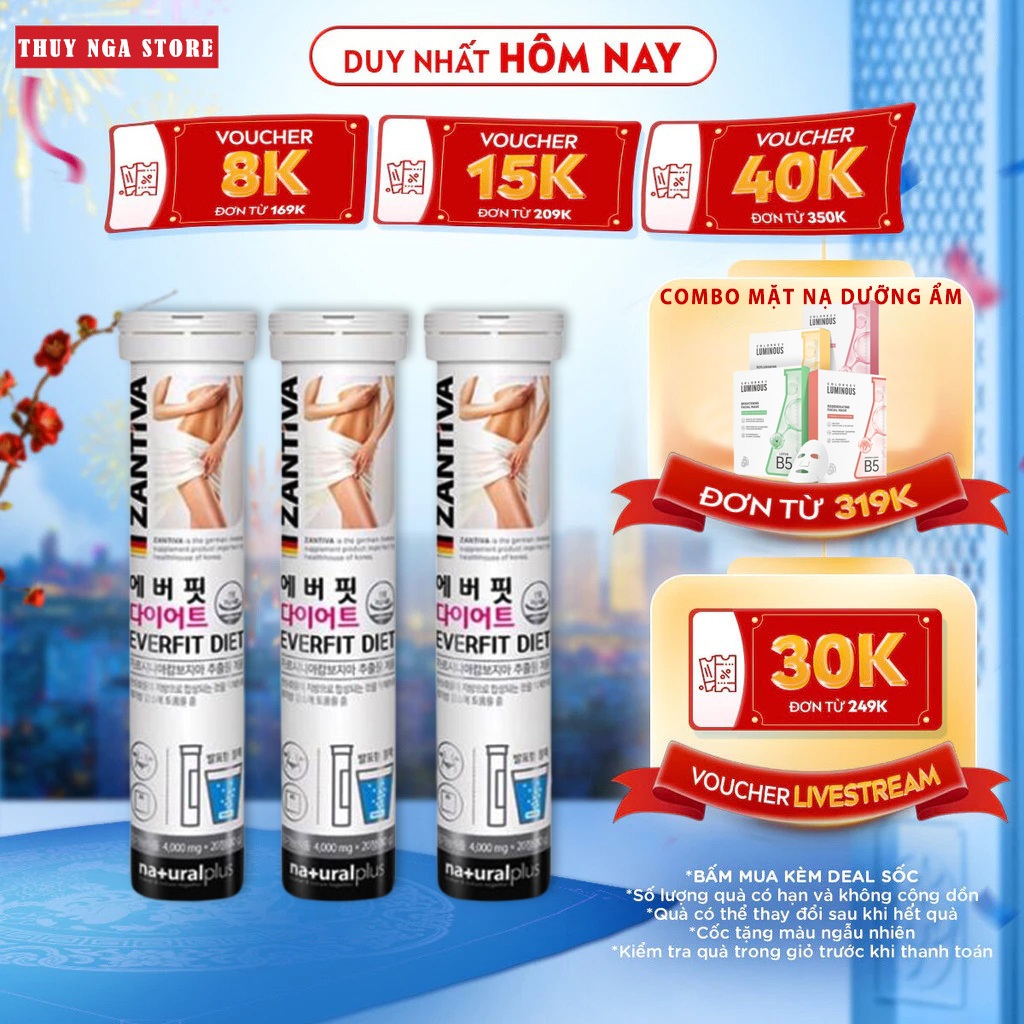 Viên sủi giảm cân Zantiva - Everfit Diet, Eo thon dáng đẹp giảm mỡ bụng, lọ 20 viên xuất xứ từ Đức