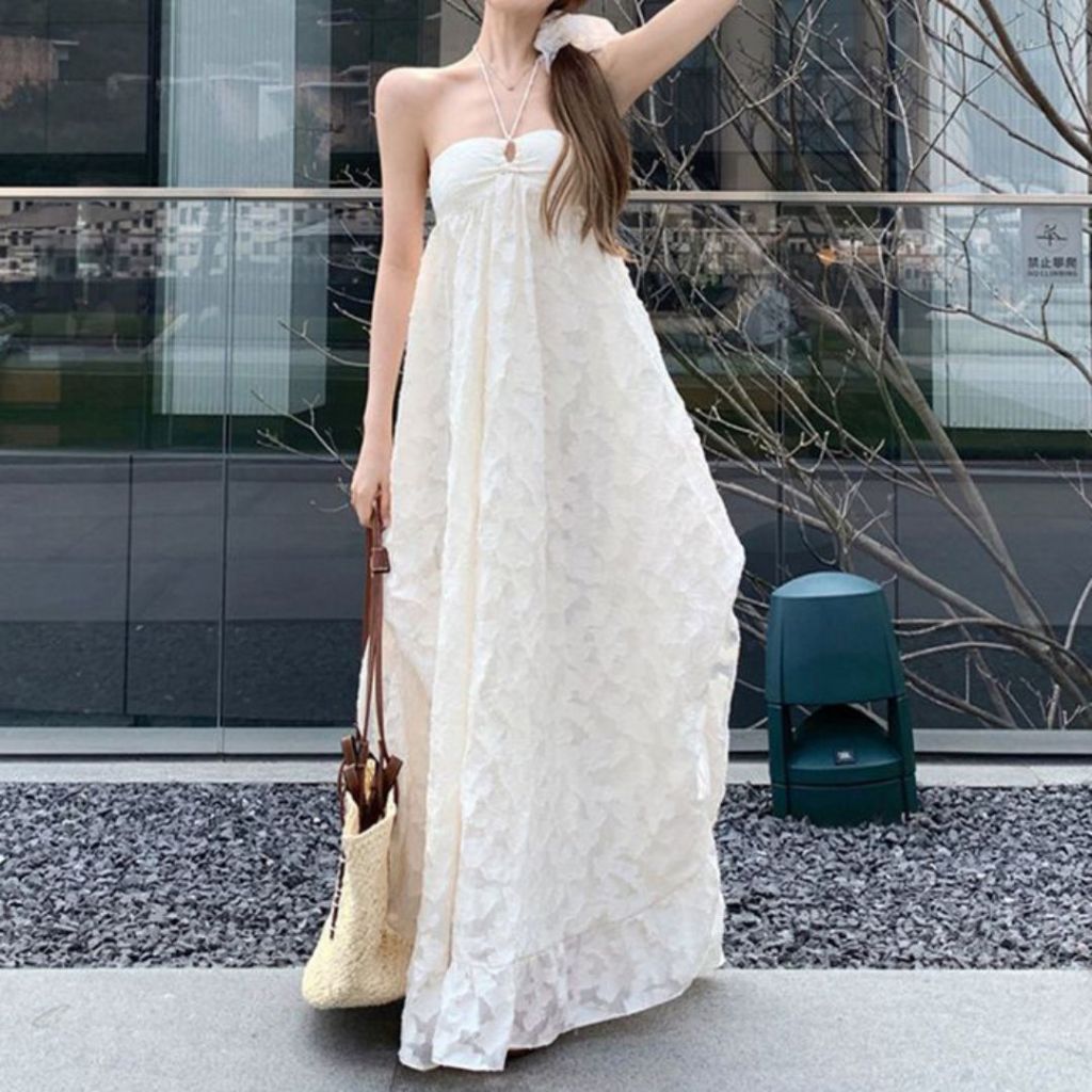 YNN STUDIO Đầm đi biển, đầm cổ yếm dáng dài Maxi trắng có mút ngực