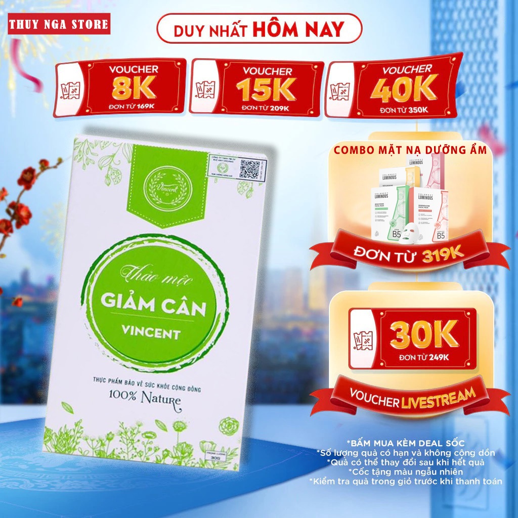 Trà Thảo Mộc Giảm cân VINCENT Chính Hãng Liệu trình 15 ngày tặng 10 viên detox giảm mỡ bụng cấp tốc