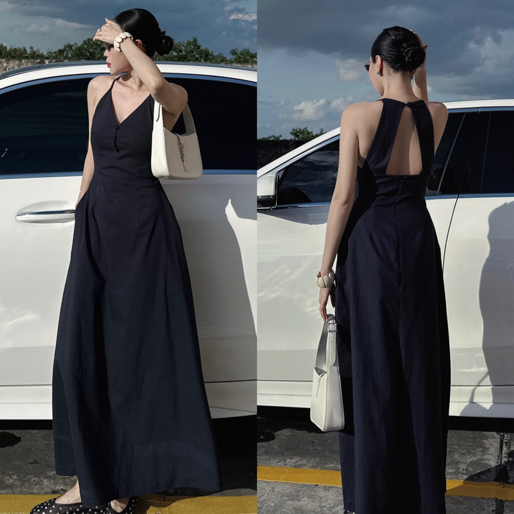 𝐋𝐮𝐓𝐚 | Váy kẻ sọc hở lưng nút bọc