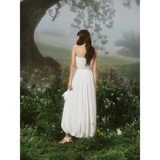 Đầm bí OLV suông Maxi dáng rộng bồng bềnh White Pleated Peplum Cup Midi Dress thanh lịch