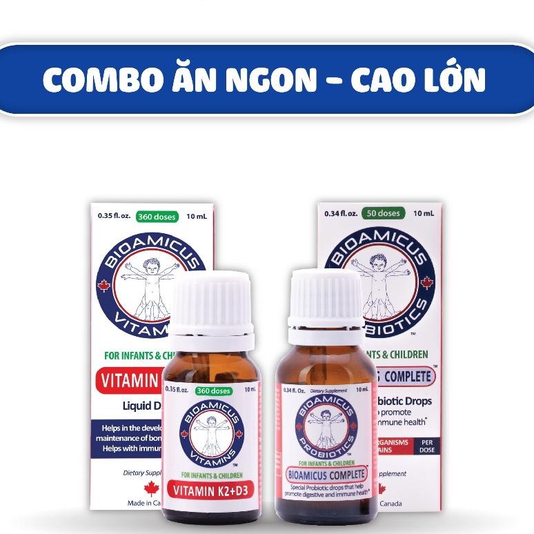 Combo Ăn Ngon Cao Lớn - Men Vi Sinh 10 Chủng BioAmicus lọ 10mL & BioAmicus Vitamin D3K2-MK7 lọ 10mL + QUÀ