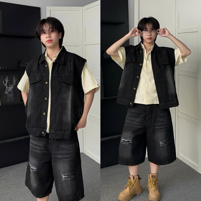 Set gile quần short jean loang PAM (Có tách lẻ) form Nam nữ unisex Brand Jaystoree | BigBuy360 - bigbuy360.vn