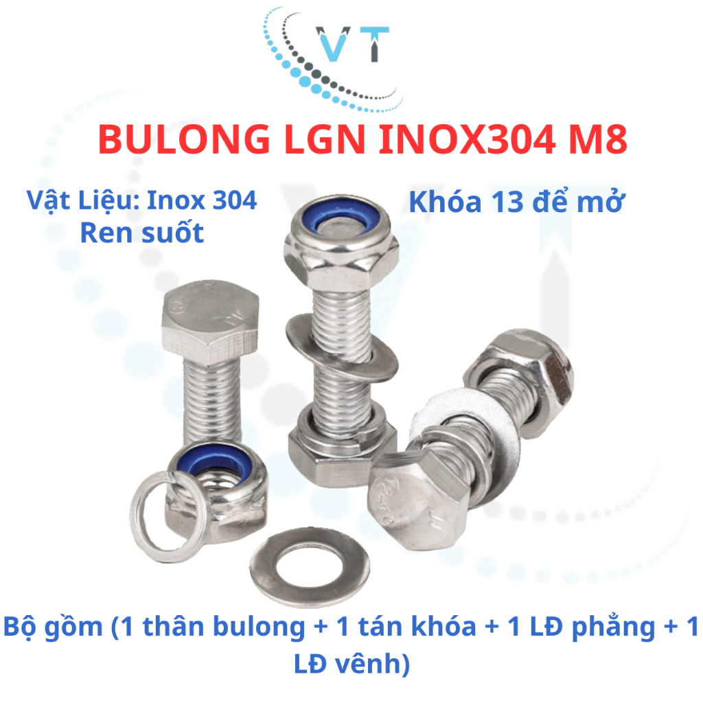 Bulong LGN inox304 M8 (vặn cờ lê 13) dài 10mm - 150mm. 1 bộ (1 bulong + 1 tán khóa +1 LĐ phẳng + 1 LĐ vênh)