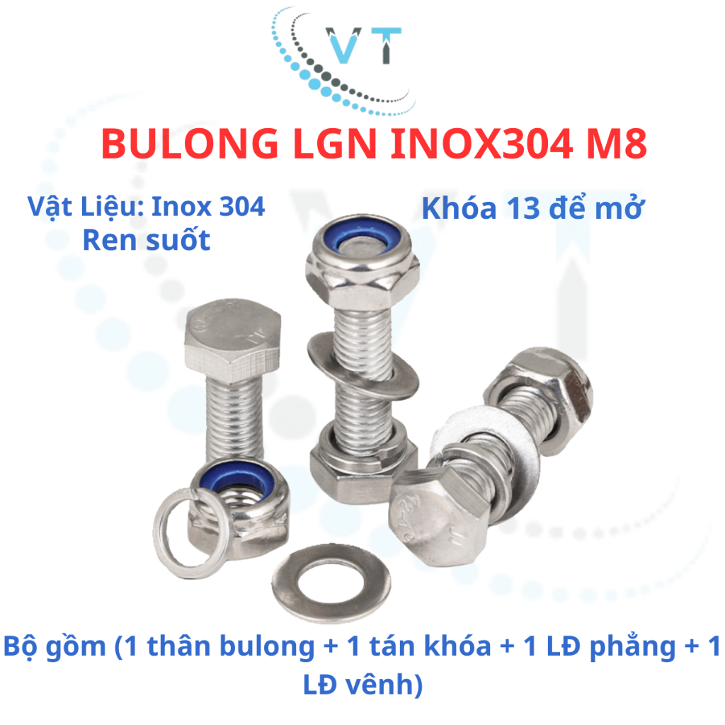 Bulong LGN inox304 M8 (vặn cờ lê 13) dài 10mm - 150mm. 1 bộ (1 bulong + 1 tán khóa +1 LĐ phẳng + 1 LĐ vênh)