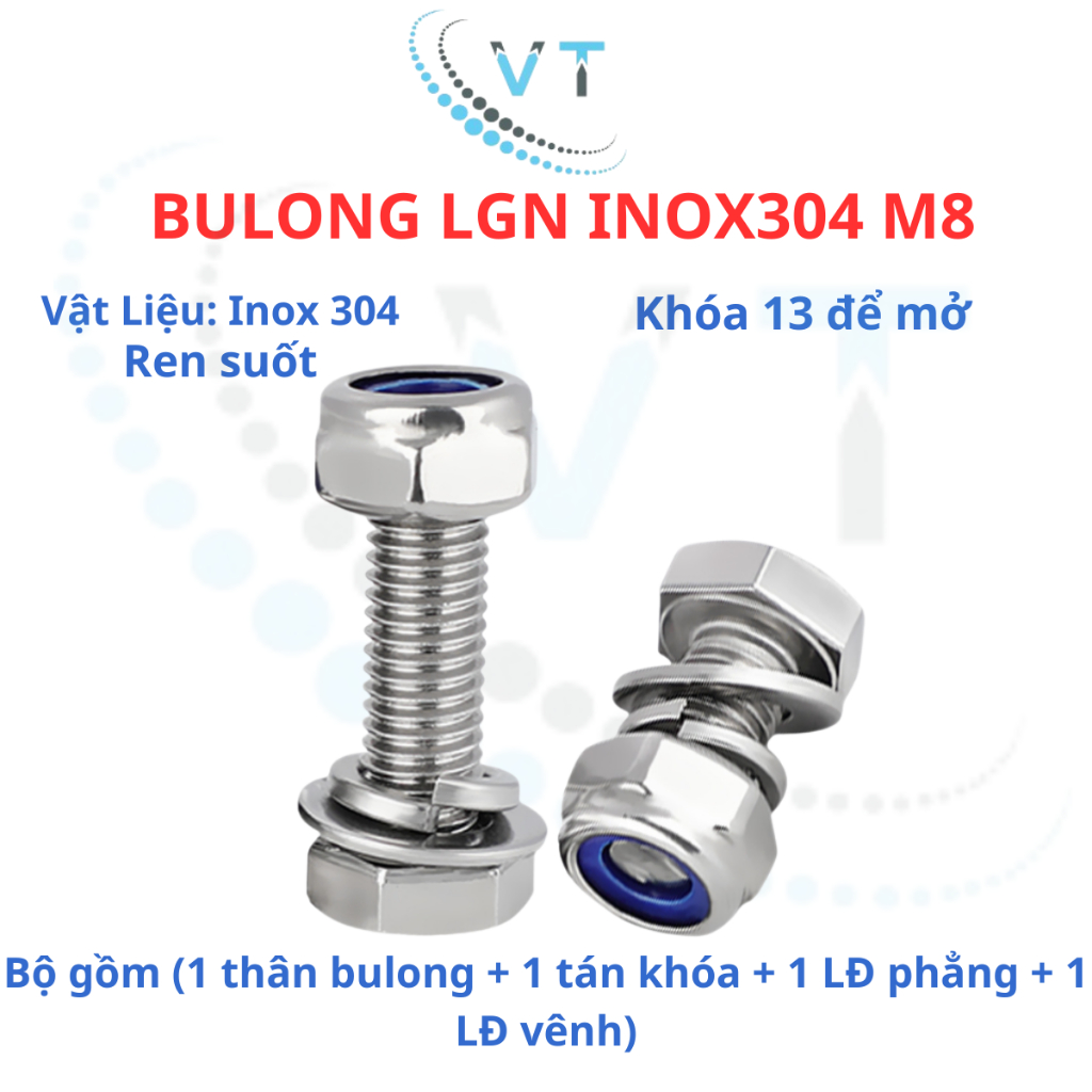 Bulong LGN inox304 M8 (vặn cờ lê 13) dài 10mm - 150mm. 1 bộ (1 bulong + 1 tán khóa +1 LĐ phẳng + 1 LĐ vênh)