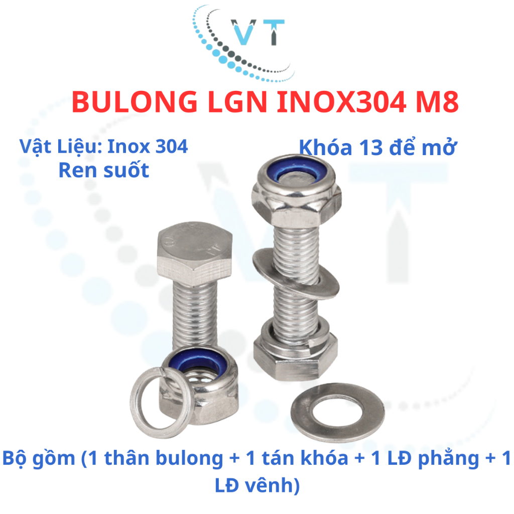 Bulong LGN inox304 M8 (vặn cờ lê 13) dài 10mm - 150mm. 1 bộ (1 bulong + 1 tán khóa +1 LĐ phẳng + 1 LĐ vênh)