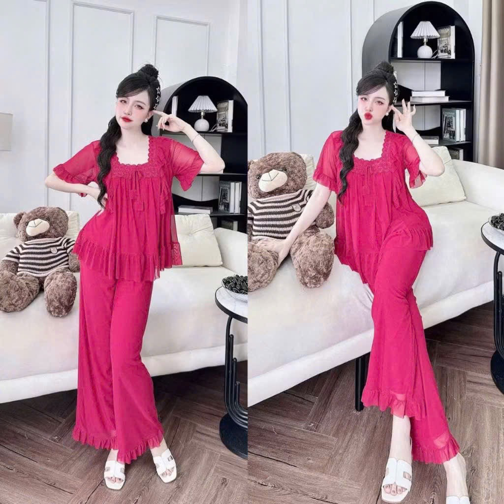 Bộ đồ ngủ mặc nhà pijama Thun lưới phối bèo ren tiểu thư