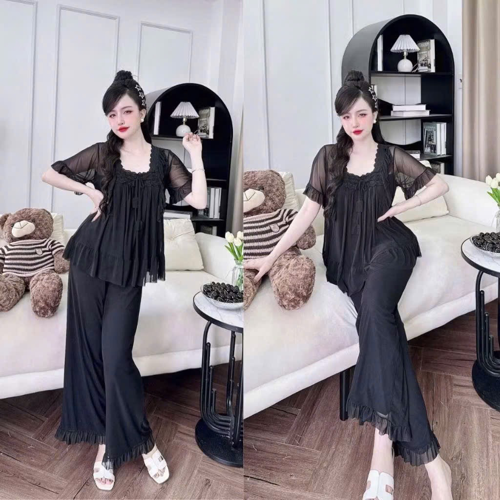 Bộ đồ ngủ mặc nhà pijama Thun lưới phối bèo ren tiểu thư