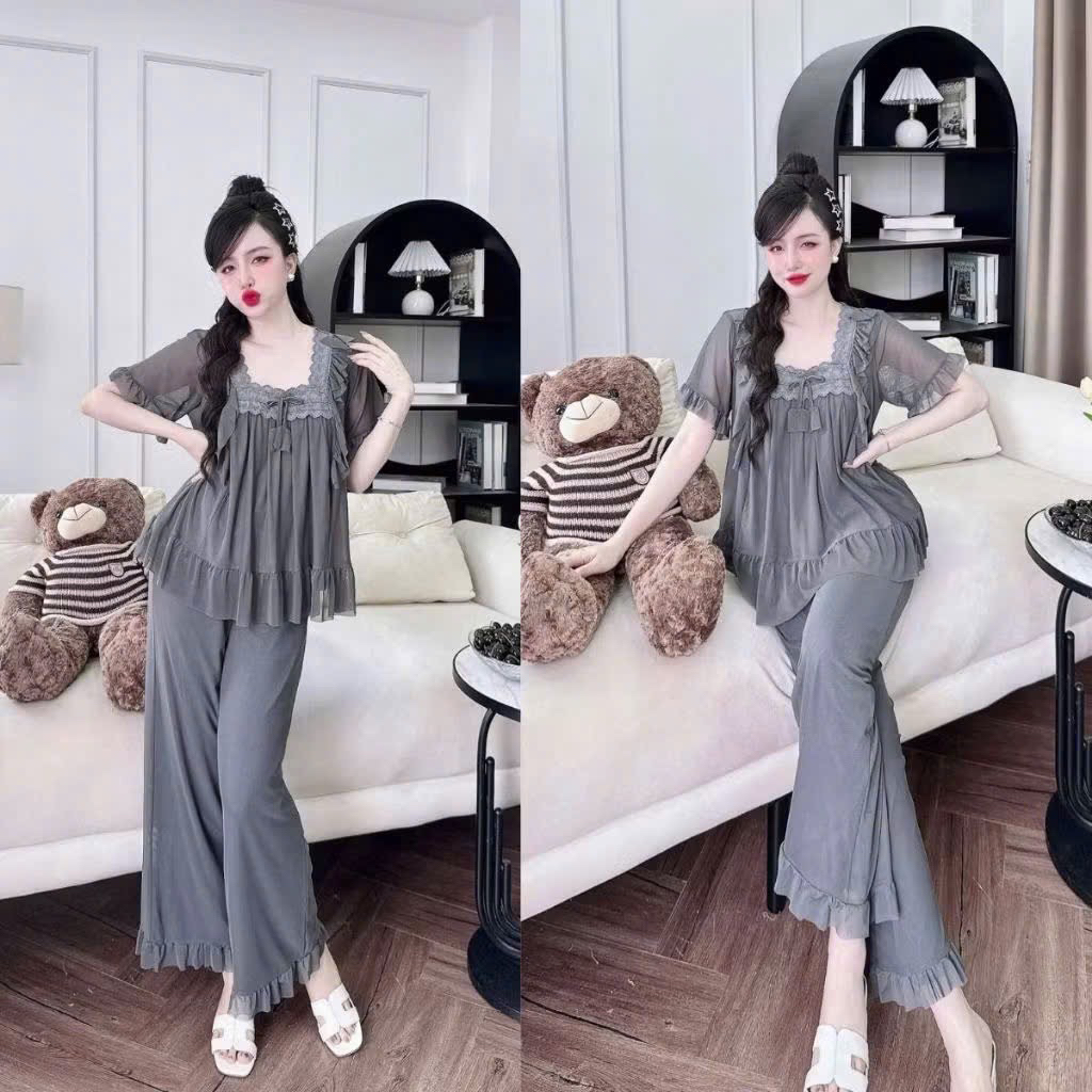 Bộ đồ ngủ mặc nhà pijama Thun lưới phối bèo ren tiểu thư