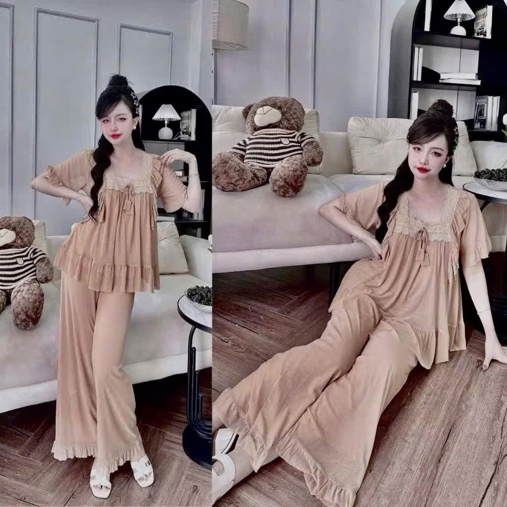 Bộ đồ ngủ mặc nhà pijama Thun lưới phối bèo ren tiểu thư