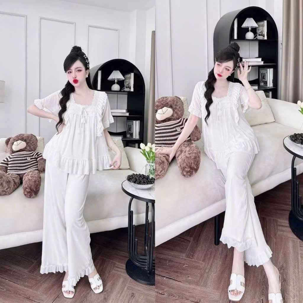 Bộ đồ ngủ mặc nhà pijama Thun lưới phối bèo ren tiểu thư