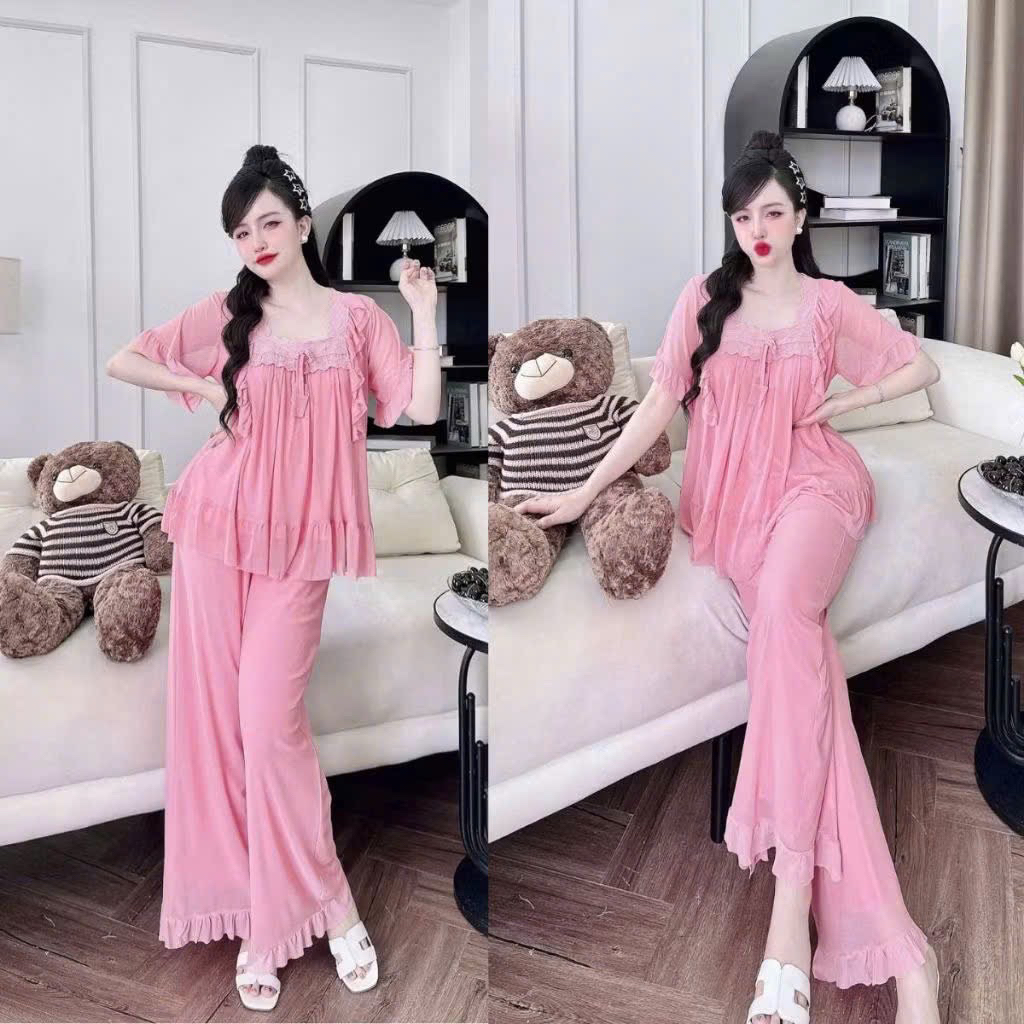 Bộ đồ ngủ mặc nhà pijama Thun lưới phối bèo ren tiểu thư