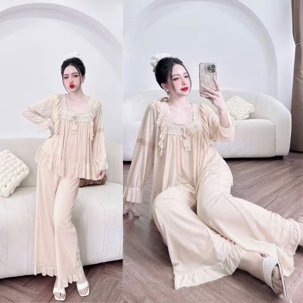 Bộ đồ ngủ mặc nhà pijama Thun lưới phối bèo ren tiểu thư
