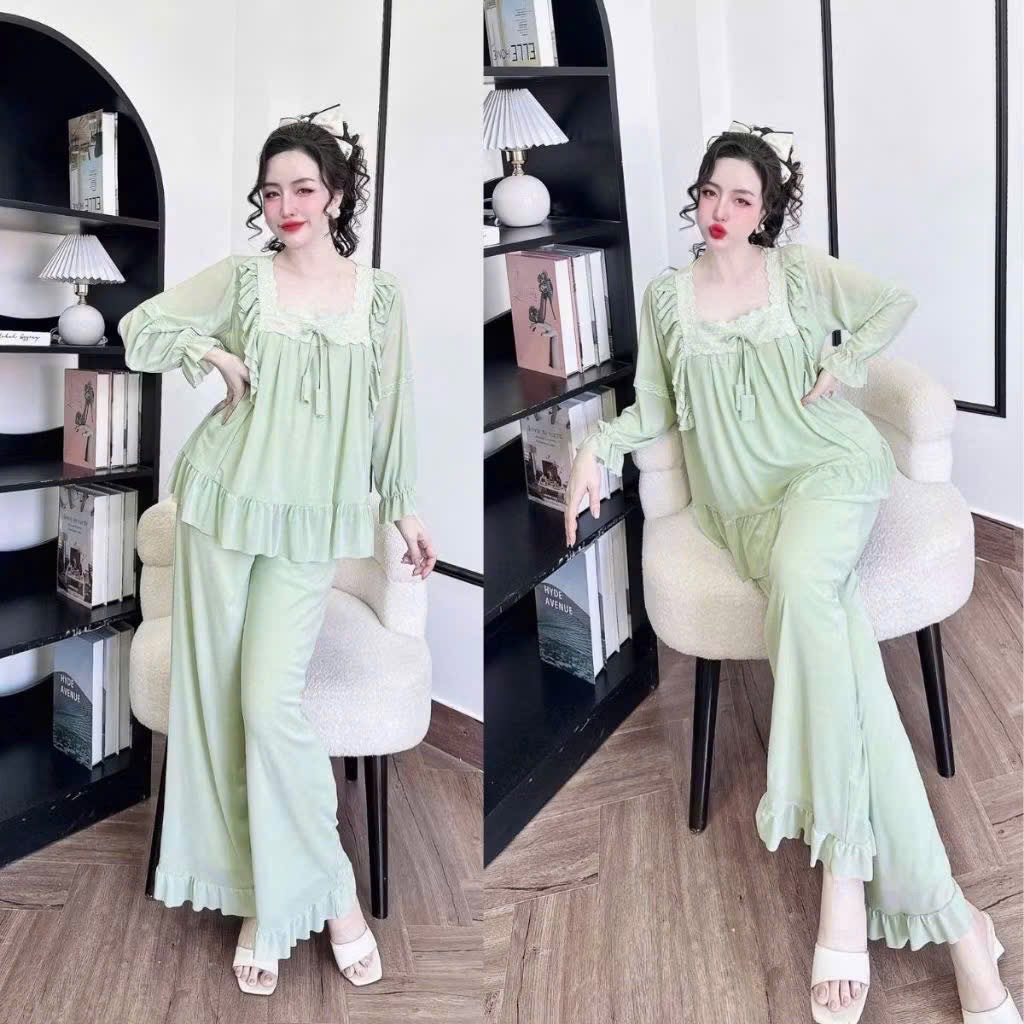 Bộ đồ ngủ mặc nhà pijama Thun lưới phối bèo ren tiểu thư