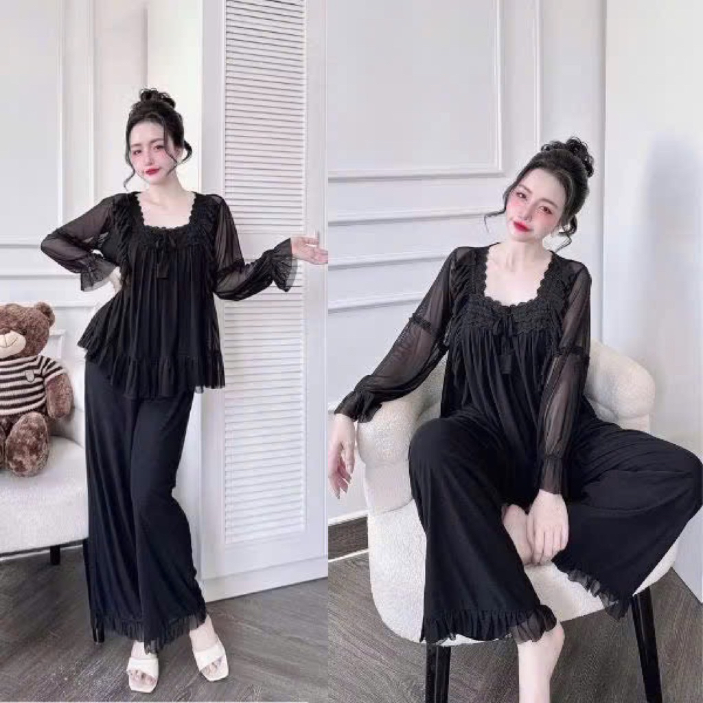 Bộ đồ ngủ mặc nhà pijama Thun lưới phối bèo ren tiểu thư