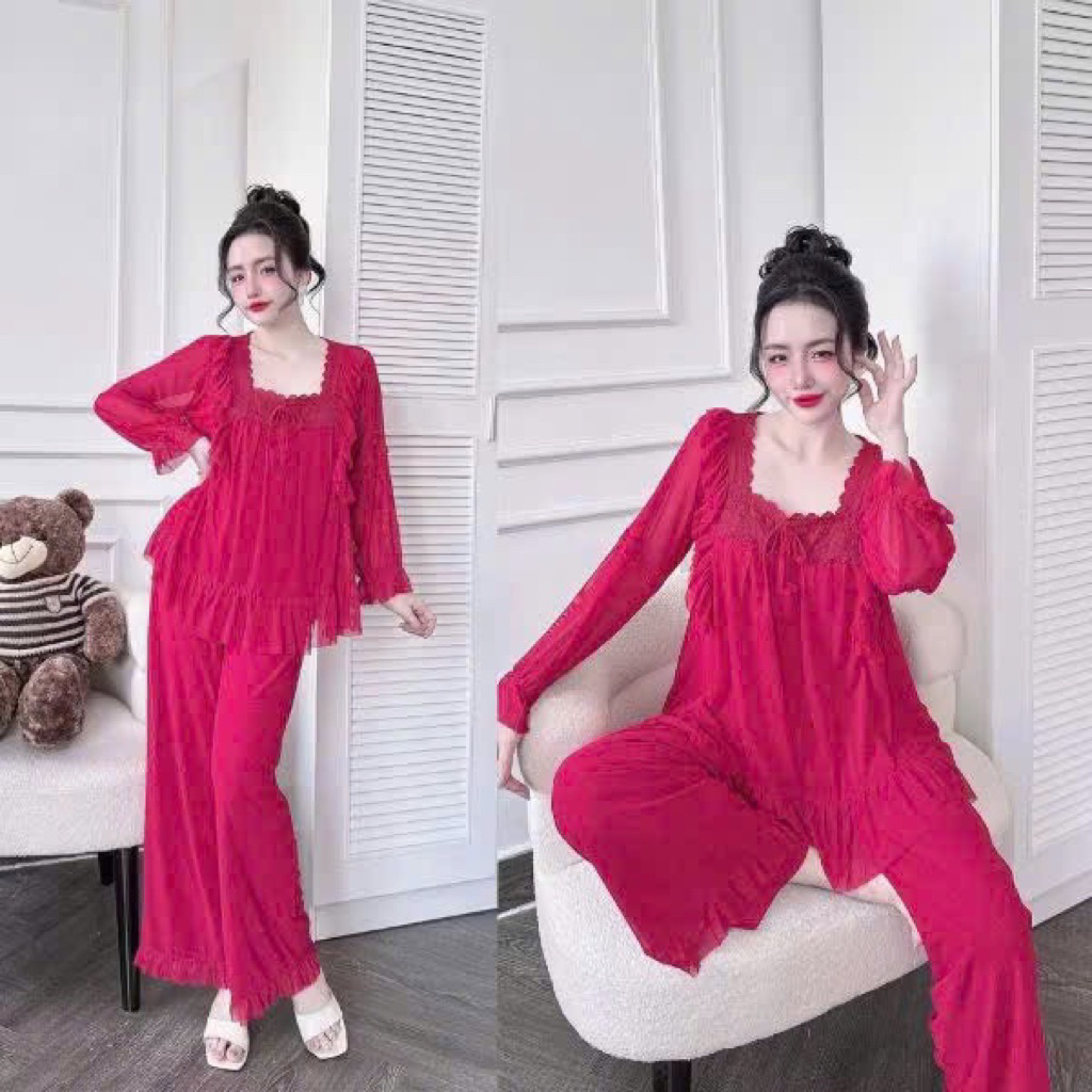 Bộ đồ ngủ mặc nhà pijama Thun lưới phối bèo ren tiểu thư