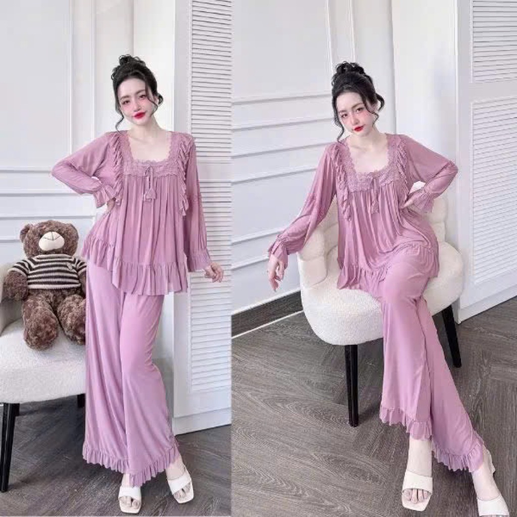 Bộ đồ ngủ mặc nhà pijama Thun lưới phối bèo ren tiểu thư