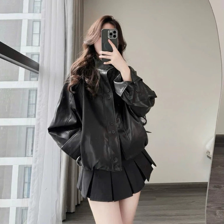 (HÀNG QCCC SẴN) Áo khoác Nữ bomber da bo gấu CỔ TÀU NEW 2025 form OVERSIZE phù hợp cho mùa thu đông