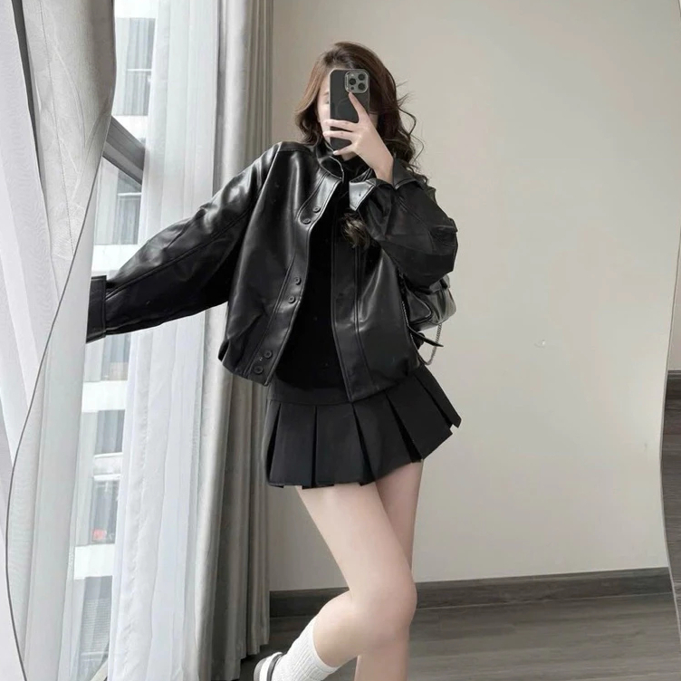 (HÀNG QCCC SẴN) Áo khoác Nữ bomber da bo gấu CỔ TÀU NEW 2025 form OVERSIZE phù hợp cho mùa thu đông