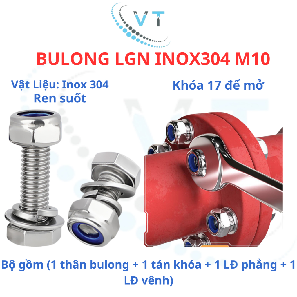 Bulong LGN inox304 M10 (vặn cờ lê 17) dài 20mm - 200mm. 1 bộ (1 bulong + 1 tán khóa +1 LĐ phẳng + 1 LĐ vênh)