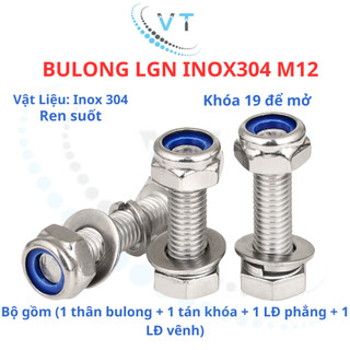 Bulong LGN inox304 M12 (vặn cờ lê 19) dài 20mm - 200mm. 1 bộ (1 bulong + 1 tán khóa +1 LĐ phẳng + 1 LĐ vênh)
