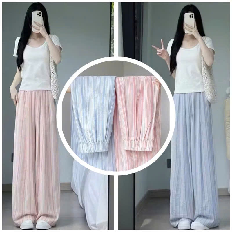 Quần suông nữ kẻ caro phối cạp trắng bo chun lưng cao ống rộng nhiều ...