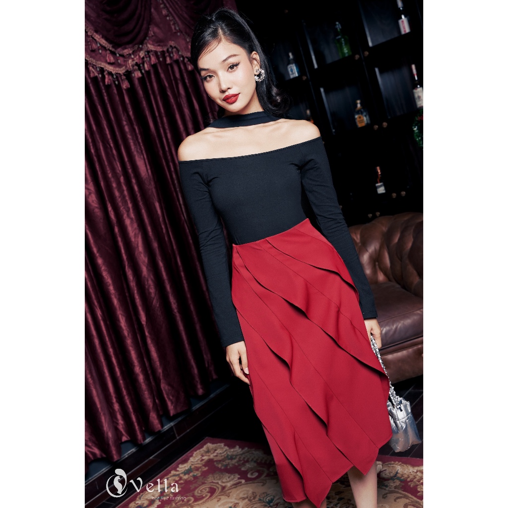 Chân váy bút chì màu đen, đỏ đô dáng dài công sở nữ – Bèo vạt xéo tôn dáng – Vella Fashion VV25129