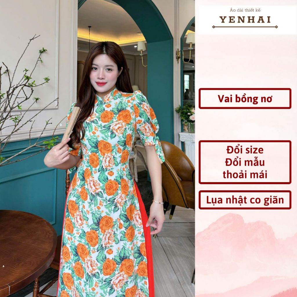 Áo dài thiết kế tay bồng thắt nơ hoa hồng cam chất lụa nhật co giãn mềm mịn - D1943