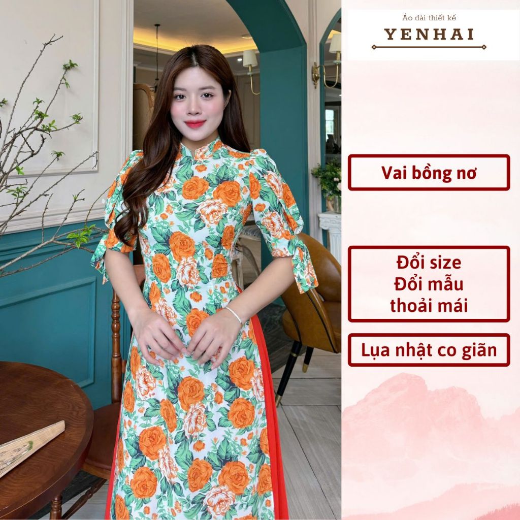 Áo dài thiết kế tay bồng thắt nơ hoa hồng cam chất lụa nhật co giãn mềm mịn - D1943