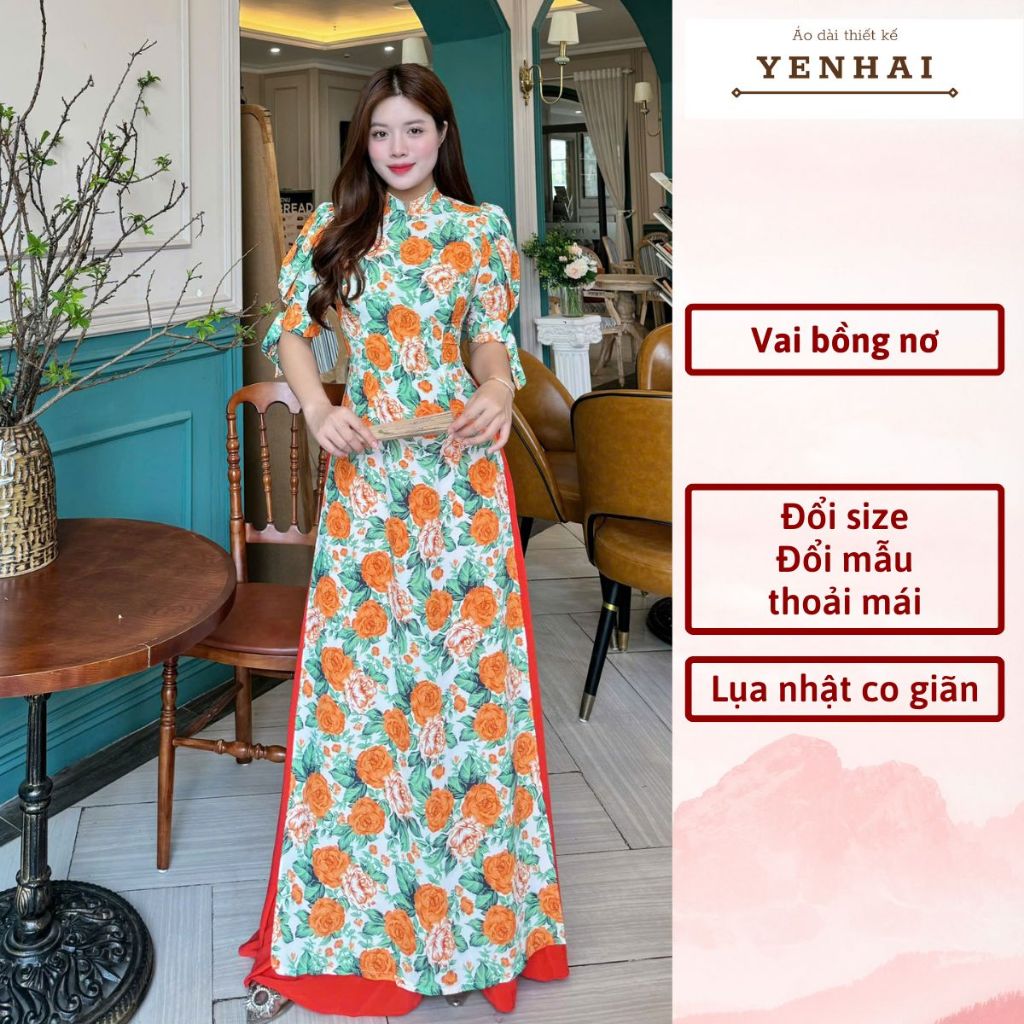 Áo dài thiết kế tay bồng thắt nơ hoa hồng cam chất lụa nhật co giãn mềm mịn - D1943