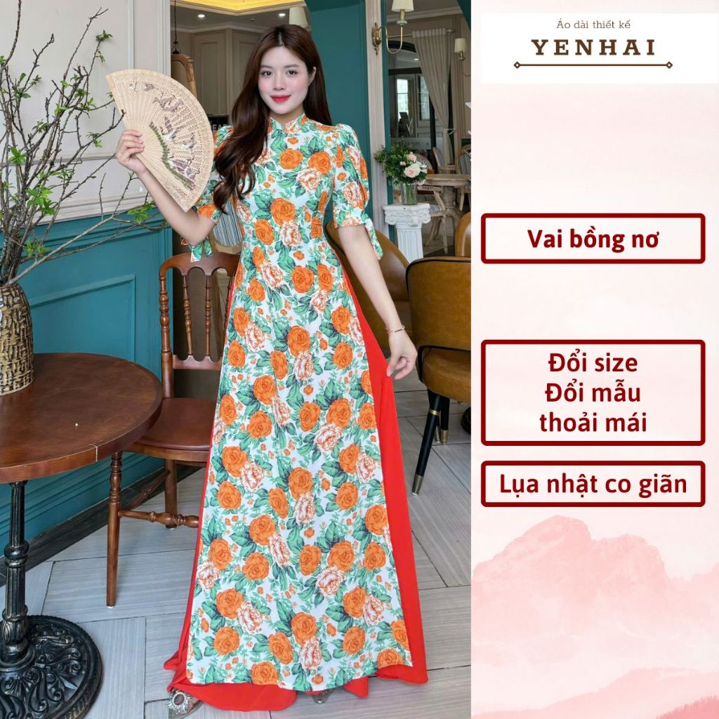 Áo dài thiết kế tay bồng thắt nơ hoa hồng cam chất lụa nhật co giãn mềm mịn - D1943