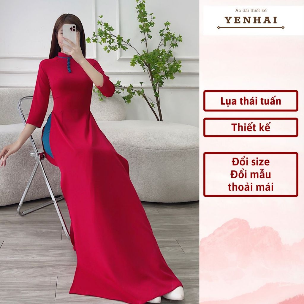 Áo dài thiết kế đính cúc bọc chất lụa thái tuấn cao cấp co giãn mềm mịn - HT29