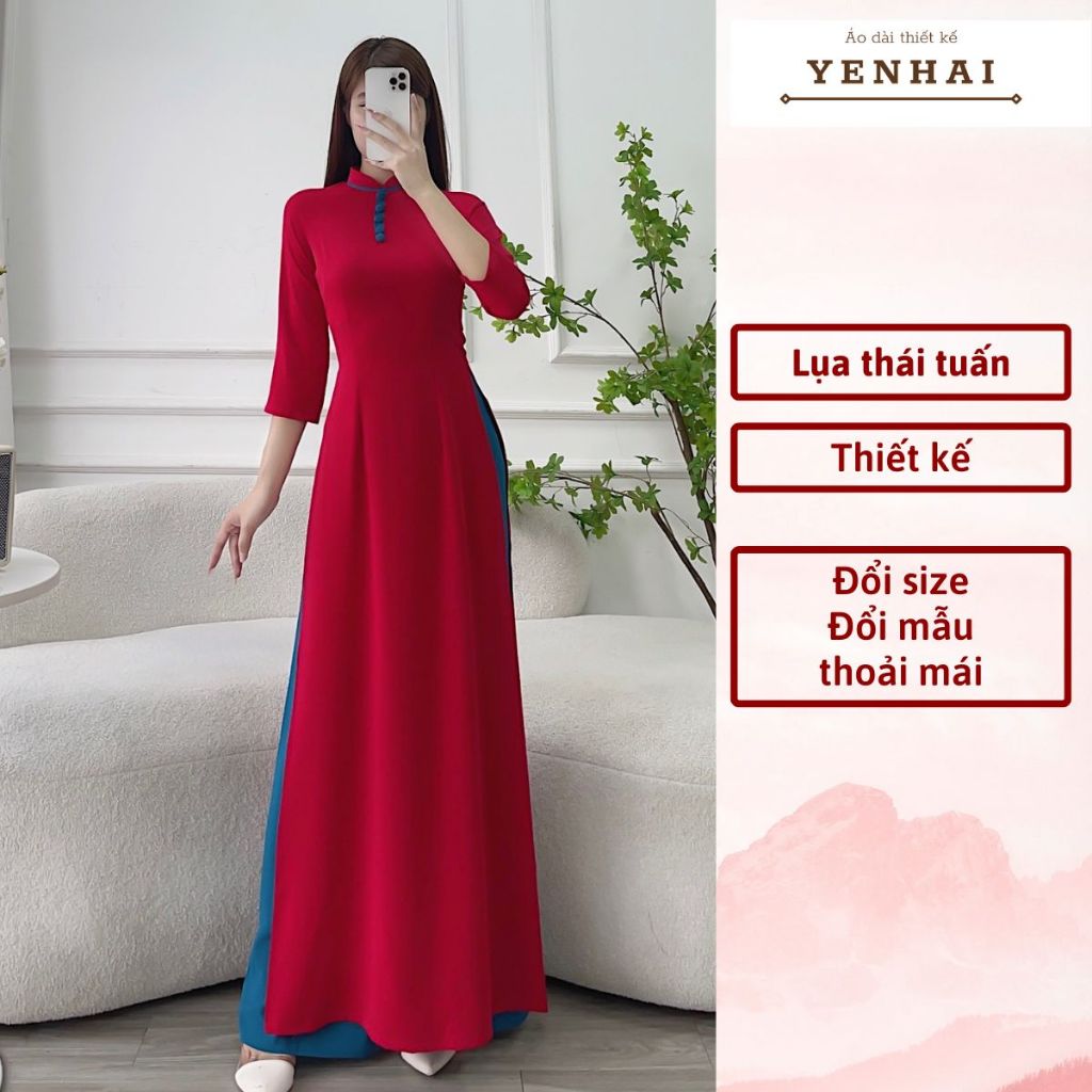 Áo dài thiết kế đính cúc bọc chất lụa thái tuấn cao cấp co giãn mềm mịn - HT29