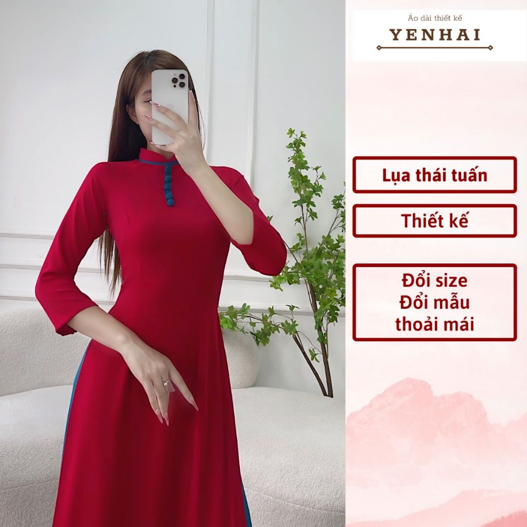 Áo dài thiết kế đính cúc bọc chất lụa thái tuấn cao cấp co giãn mềm mịn - HT29