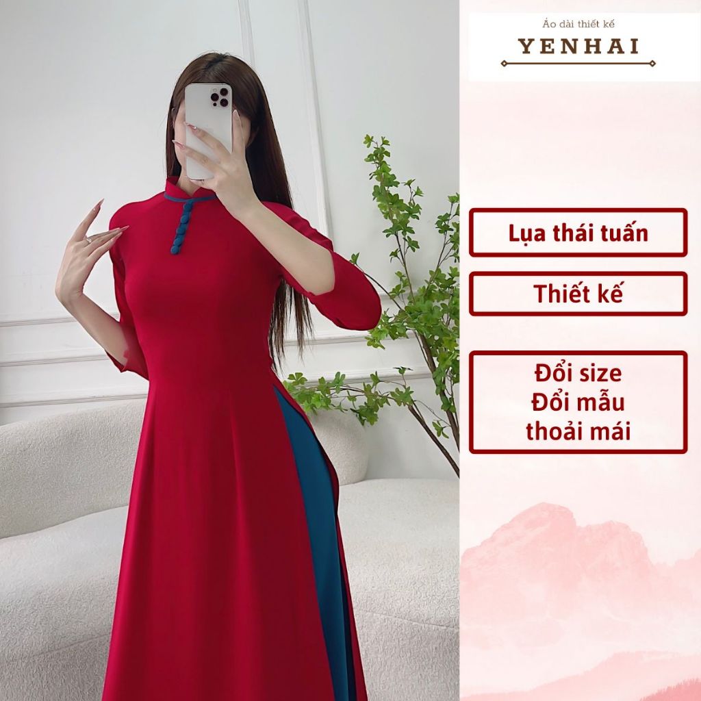 Áo dài thiết kế đính cúc bọc chất lụa thái tuấn cao cấp co giãn mềm mịn - HT29