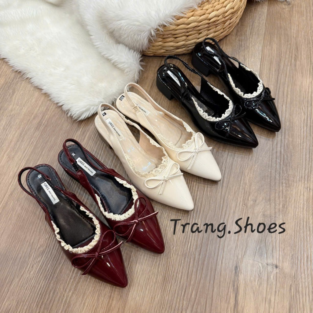Giầy Mũi Nhọn Hậu Bít- Phối Nơ , Gót Cao 3-4cm - Chất Liệu Da Bóng- Xinh Iu!!