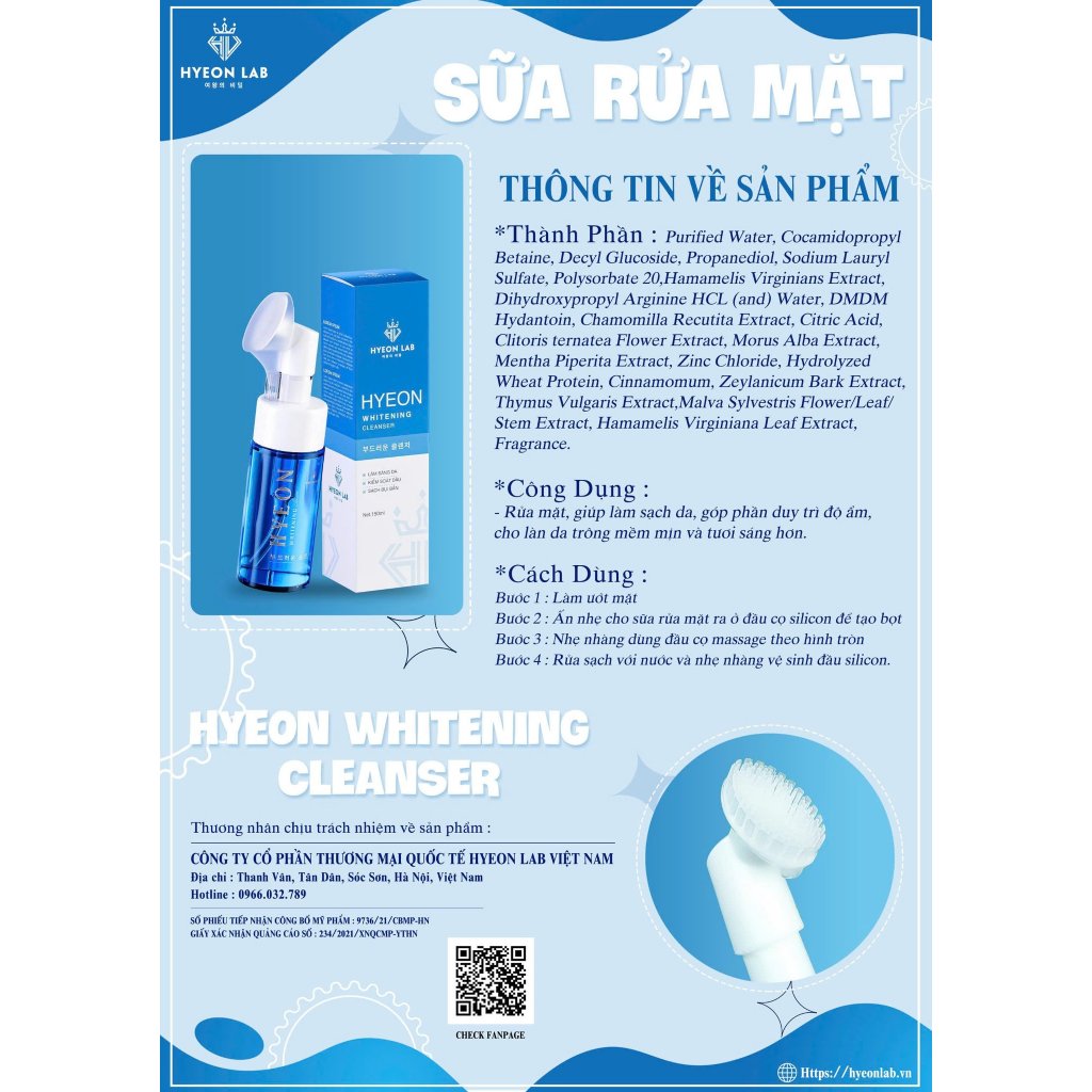 [ FREESHIP ]Sữa Rửa Mặt HYEON WHITENING CLEANSER 150ML [ HYEON LAB ]da mềm mại, tươi sáng hơn