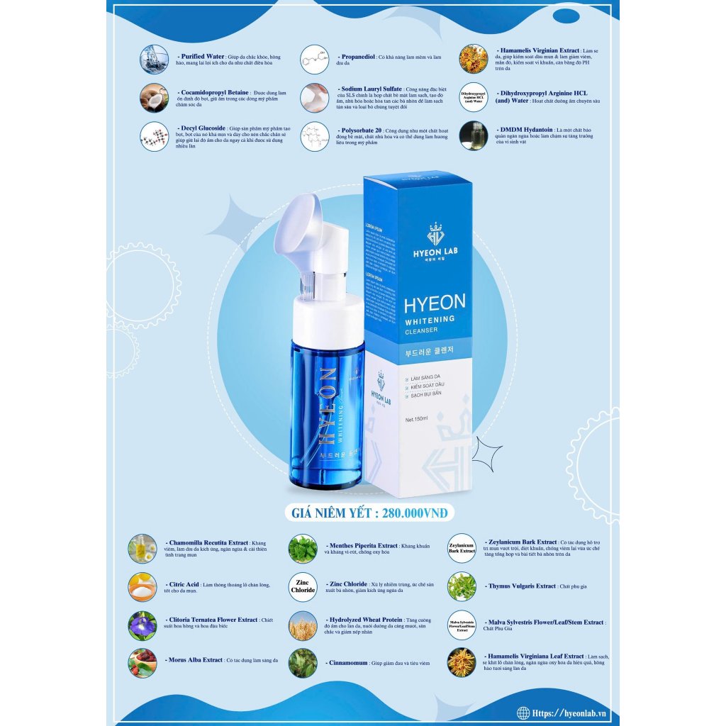 [ FREESHIP ]Sữa Rửa Mặt HYEON WHITENING CLEANSER 150ML [ HYEON LAB ]da mềm mại, tươi sáng hơn