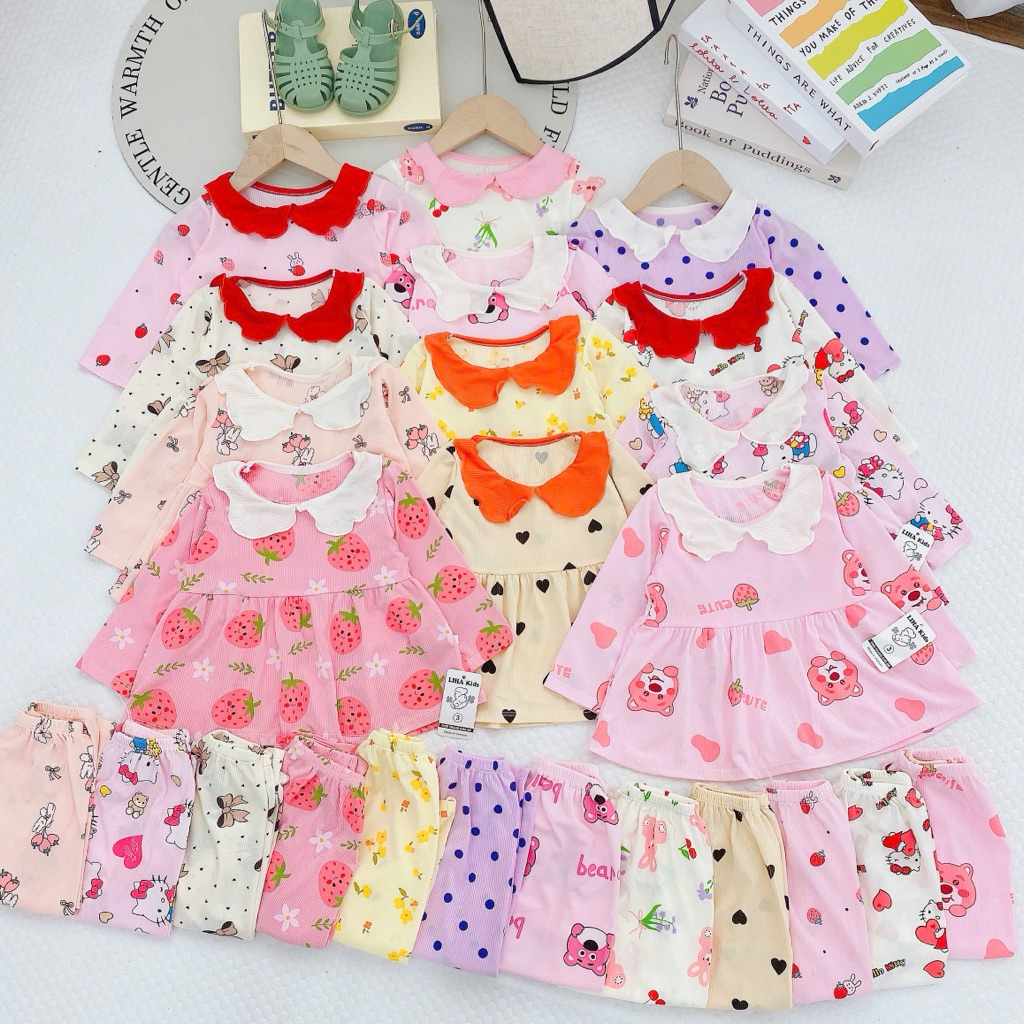Combo bộ dài tay babydoll cổ bèo cho bé gái 8kg-18kg