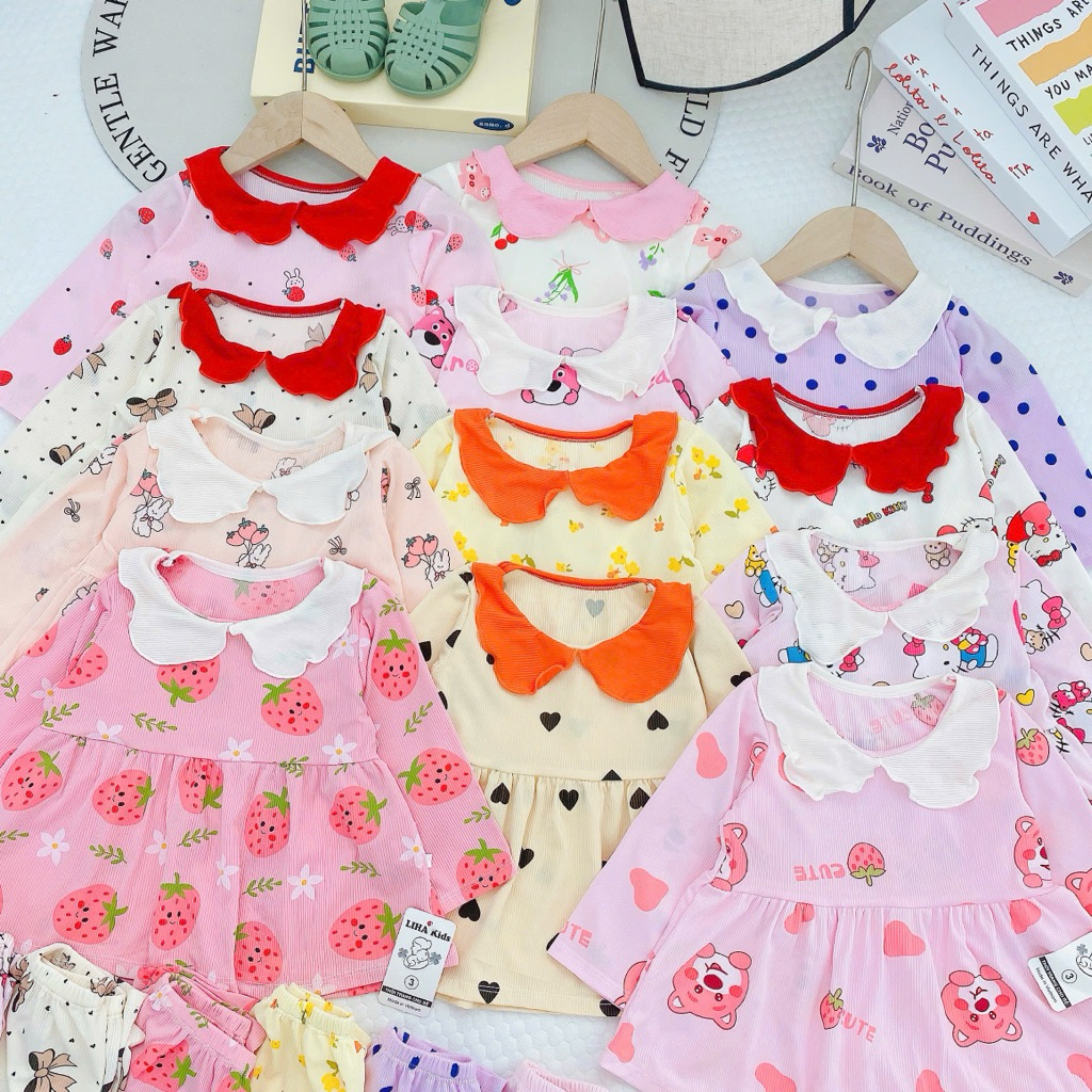 Combo bộ dài tay babydoll cổ bèo cho bé gái 8kg-18kg