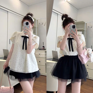 Set Áo Cổ Sen Ren Lưới Chấm Bi Hàng 2 Lớp Mix Chân Váy Lưới 2 Lớp Bồng Bềnh