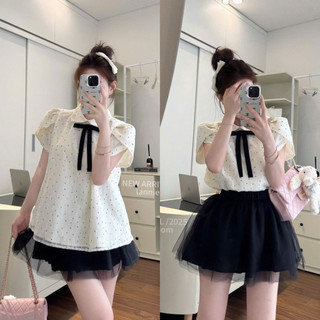 [S2.4148] Set Áo Cổ Sen Ren Lưới Chấm Bi Hàng 2 Lớp Mix Chân Váy Lưới 2 Lớp Bồng Bềnh