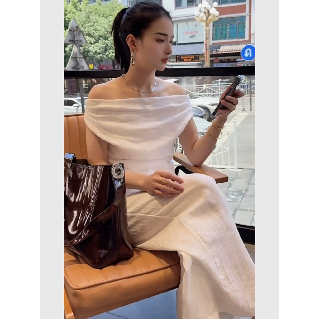 Set áo trễ vai trắng phối quần suông ống rộng nữ, phong cách thời trang Hàn Quốc thanh lịch sang trọng