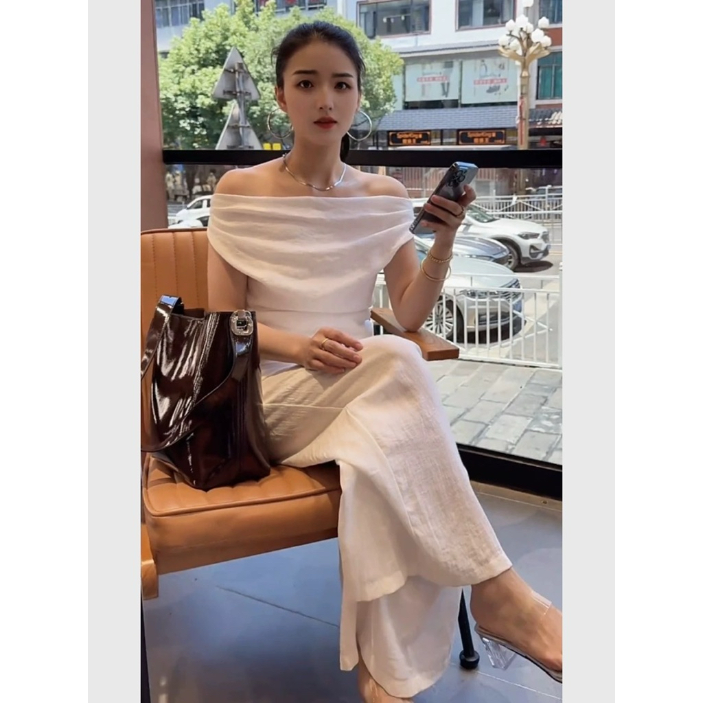 Set áo trễ vai trắng phối quần suông ống rộng nữ, phong cách thời trang Hàn Quốc thanh lịch sang trọng
