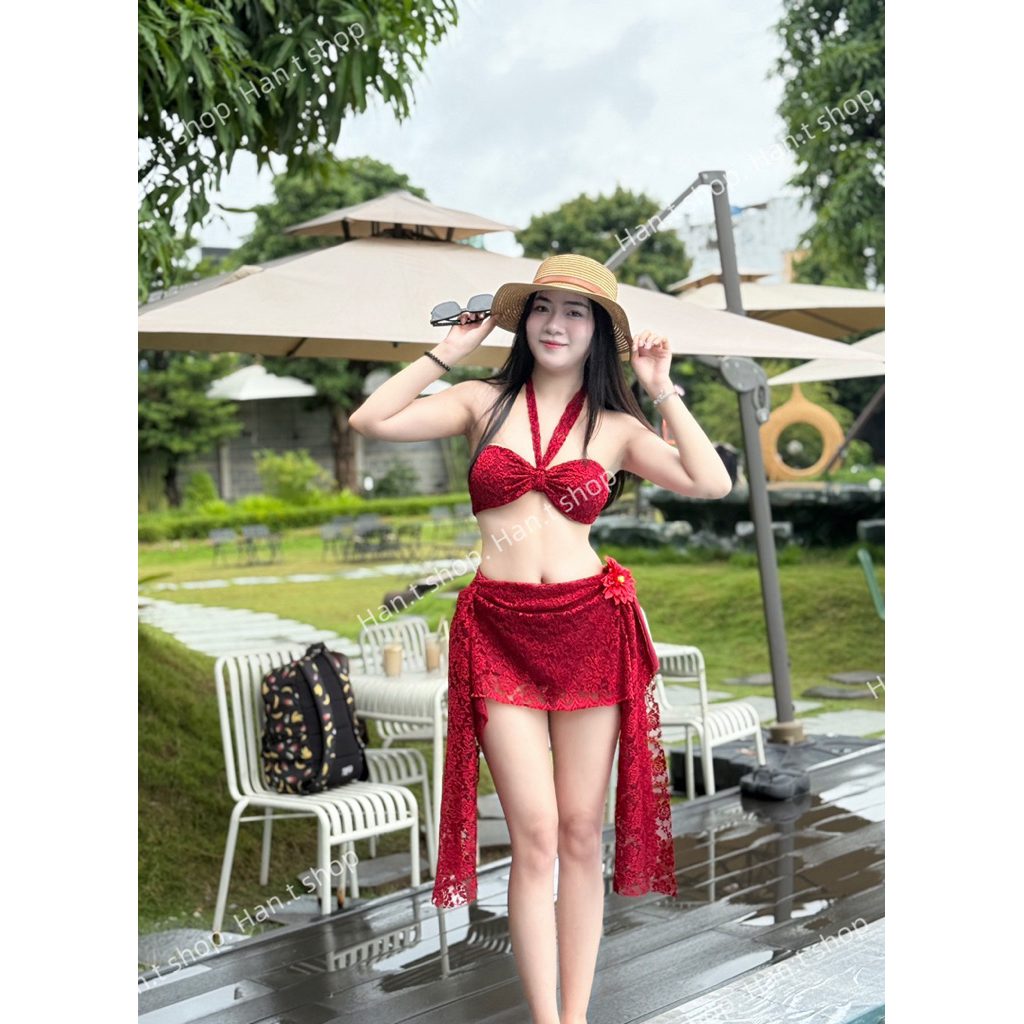 [ KBN 866 ] Set bikini HAWAII ba chi tết áo cup có mút + phụ kiện Hoa Ly (không kèm dây cham) HAN.T SHOP