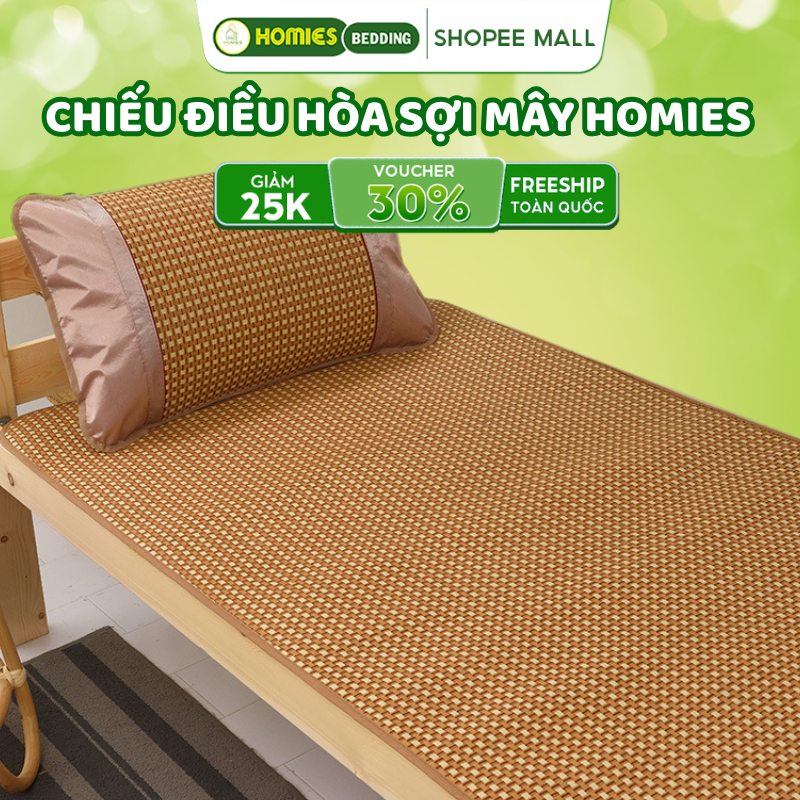 Chiếu 2 lớp, Chiếu Điều Hòa Sợi Mây Lót Lụa Tự Nhiên HOMIES Bedding & Décor Cho Giường Cá Nhân, Giường Tầng Kí Túc Xá
