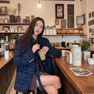 Áo khoác kiểu cotton cao cấp màu xanh đậm dày kiểu nước hoa nhỏ mùa thu và mùa đông thiết kế giản dị