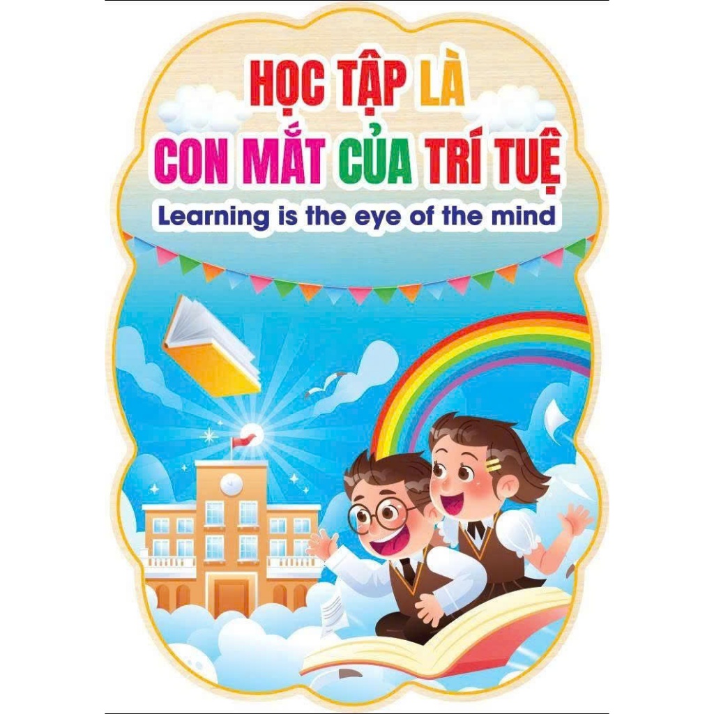 Bảng treo lớp học A3 – “Học tập là con mắt của trí tuệ” – Giấy ép plastic, có dây treo