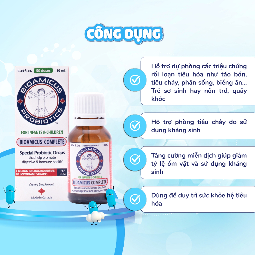 Men vi sinh 10 chủng BioAmicus Complete hỗ trợ tiêu hóa chai 10ml + quà tặng